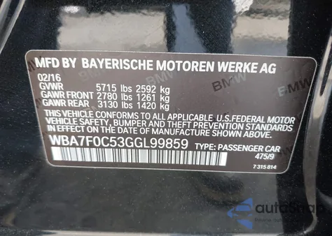 2016 BMW 750I из США, поврежденный, VIN WBA7F0C53GGL99859